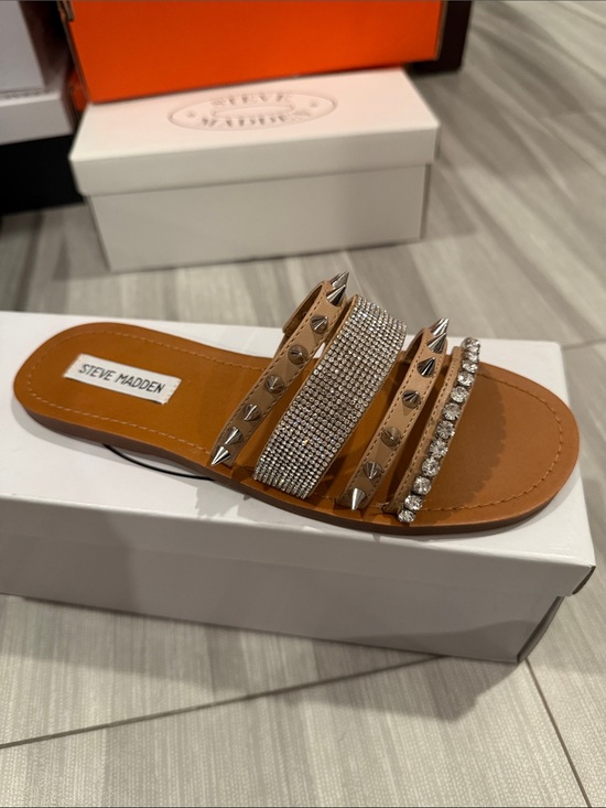 Steve Madden Shoes - Steve Madden Tan Slide Sandal with Silver Studs & Rhinestones
